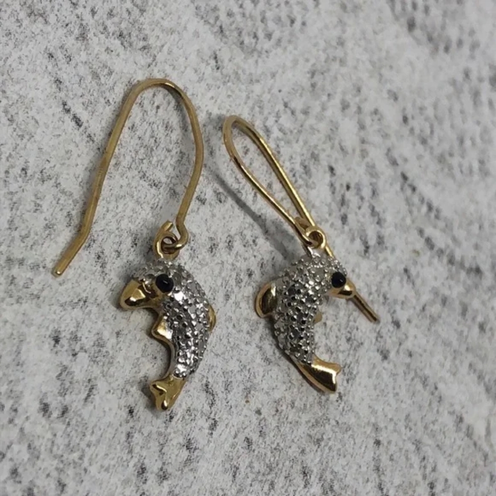 Gold Plated 14mm x 9mm Accented Dolphin French Wire Earring